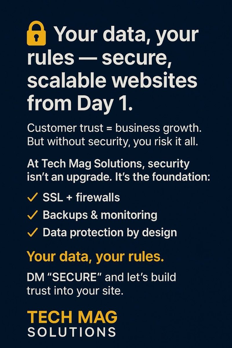 techmagsolution's tweet image. 🔐 Your data, your rules — secure, scalable websites from Day 1.
Customer trust = business growth.
But without security, you risk it all.
At Tech Mag Solutions, security isn’t an upgrade. It’s the foundation:
✅ SSL + firewalls
✅ Backups & monitoring
✅ Data protection