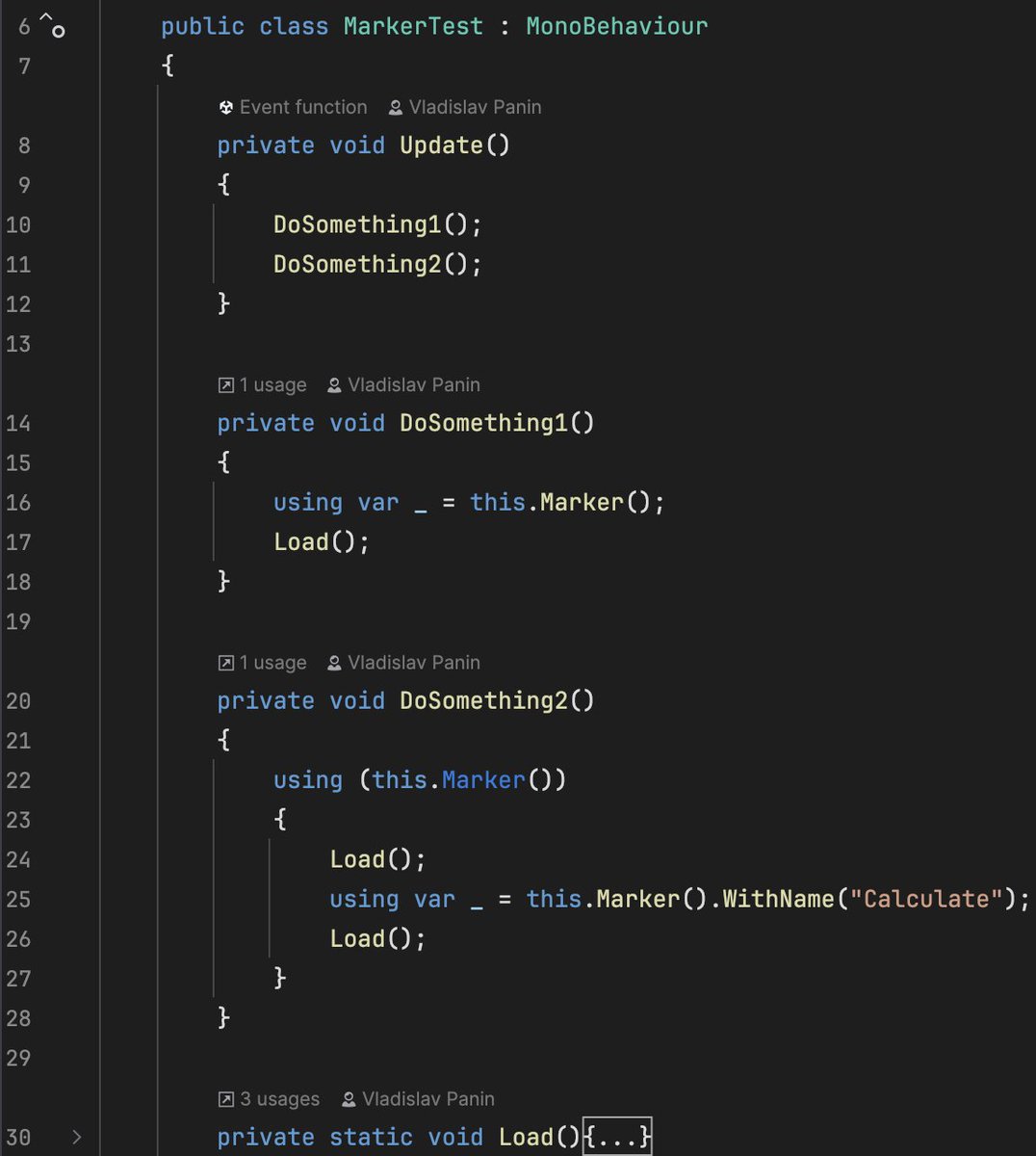 VPDInc's tweet image. #UnityTips
Now in Unity, you can quickly add a ProfilerMarker just by using this.Marker(). The Source Generator will handle everything else for you. To get started, import the .unitypackage: github.com/VPDPersonal/As…
#Unity3D #GameDev