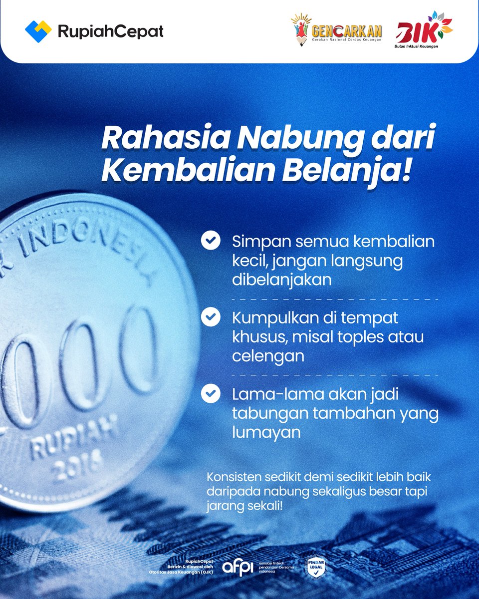 Siapa sangka, uang receh atau kembalian kecil bisa jadi tabungan yang lumayan kalau kamu konsisten!

Mulai dari hal sederhana: simpan setiap kembalian belanja dan kumpulkan di tempat khusus. Sedikit demi sedikit, bisa jadi banyak!

Ingat ya, nabung kecil tapi rutin lebih baik