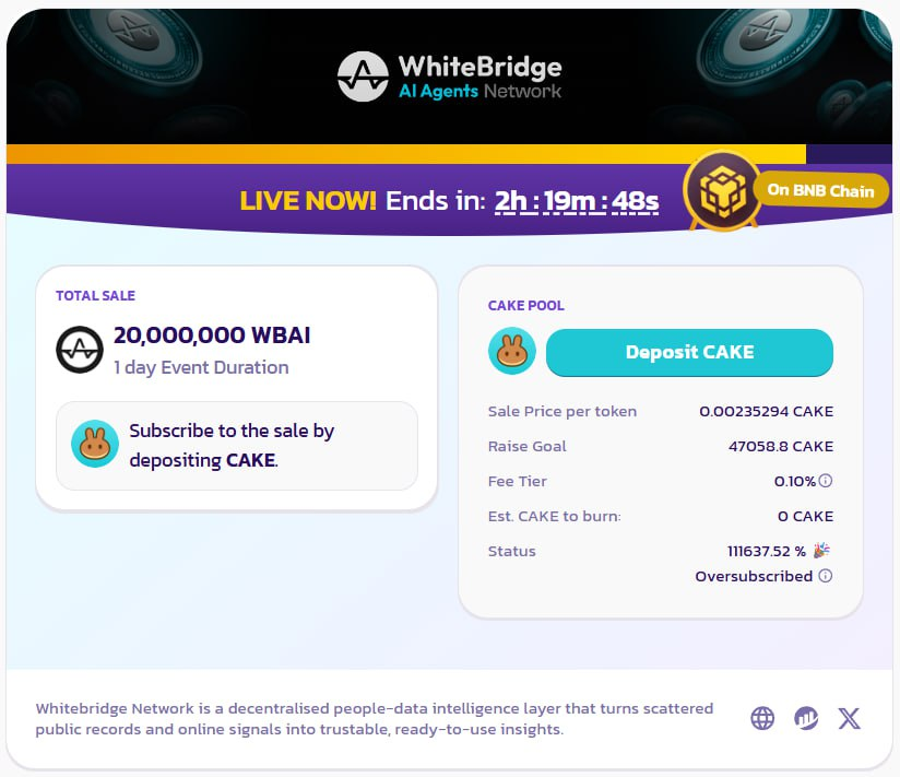 alancipher43's tweet image. 🔥 Hướng dẫn tham gia IDO WhiteBridge Network trên Pancakeswap

➡️ pancakeswap.finance/cakepad?chain=…

Kèo này ae Deposit bằng CAKE nha, ae không có CAKE thì có thể vay trên Bybit cho tiện

Kèo này sẽ không có max cap và ai góp pool nhiều thì sẽ được nhiều, kèo cho Whale có khác…