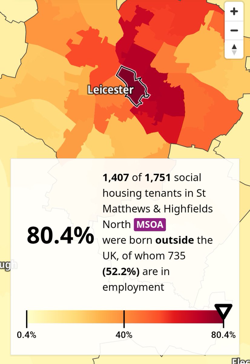 MigrationWatch's tweet image. In parts of Leicester, over 80% of social housing is occupied by people born overseas.