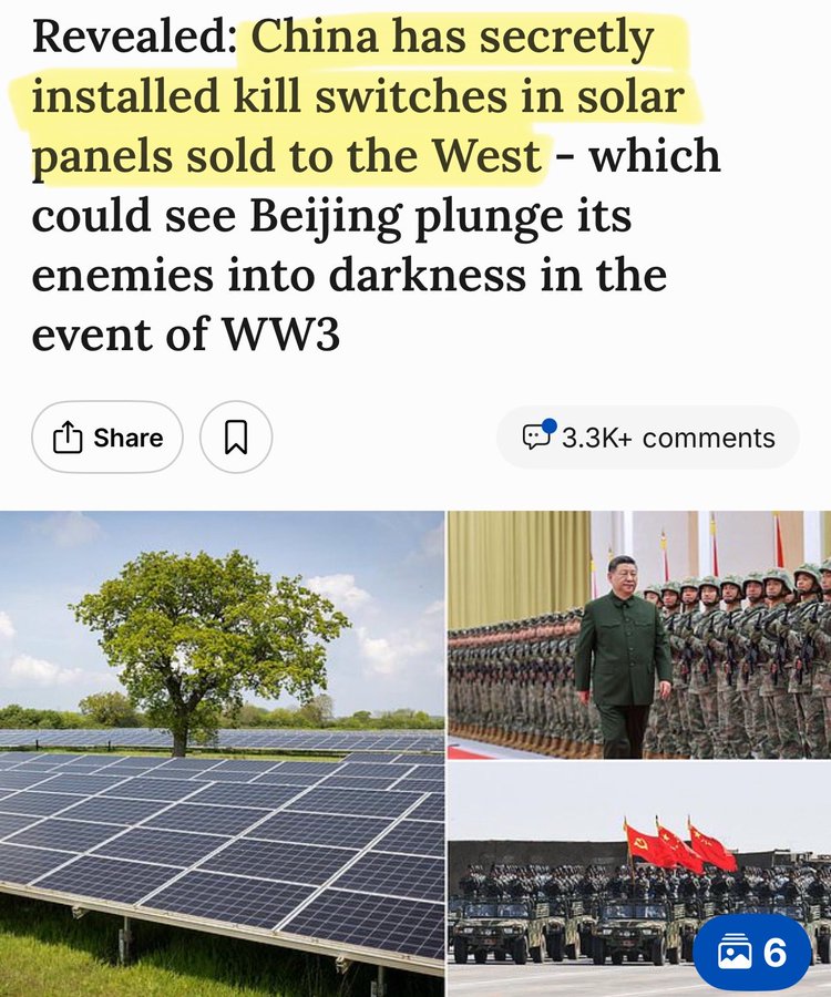 Screenshot of a Daily Mail article headline with yellow highlighting on key text; includes social media share buttons; bottom section features three photos: a field of solar panels under a blue sky with green trees; Xi Jinping in green attire inspecting rows of soldiers in helmets; a military parade with Chinese flags, soldiers, and vehicles like armored cars.
