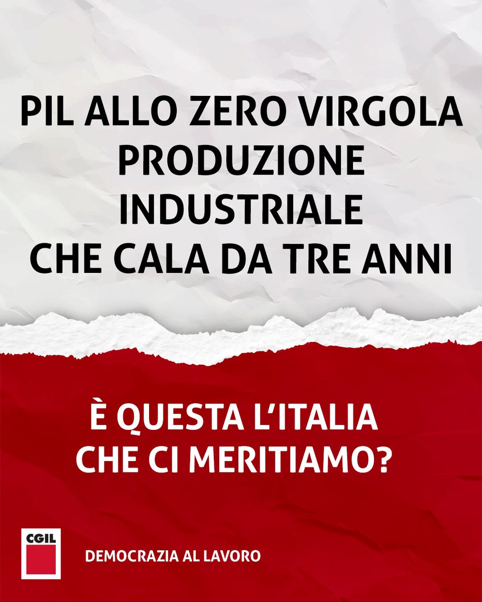 cgilnazionale's tweet photo. Da oltre due anni e mezzo i dati Istat sulla produzione industriale sono negativi: - 2,7% su base annua. L’industria tessile perde in un anno quasi il 2 per cento della sua capacità produttiva, il settore legno, carta e stampa nello stesso periodo ha perso il 2,5 per cento della sua produzione, quello della fabbricazione dei prodotti chimici cala del 2,2, e quello dell’industria alimentare registra l’ennesima riduzione dell’1,8. 
Quanto a siderurgia e automotive, lo stato di crisi profonda è ormai acclarato. Servono soluzioni condivise che interrompano questa drammatica e interminabile spirale. 

Il 25 ottobre saremo in piazza San Giovanni, a Roma, per far sentire la nostra voce. 
Io ci sarò. E tu?

Corteo da Piazza della Repubblica alle 13.30. Conclusioni in Piazza San Giovanni.

#CGIL #25ottobre #democrazialavoro