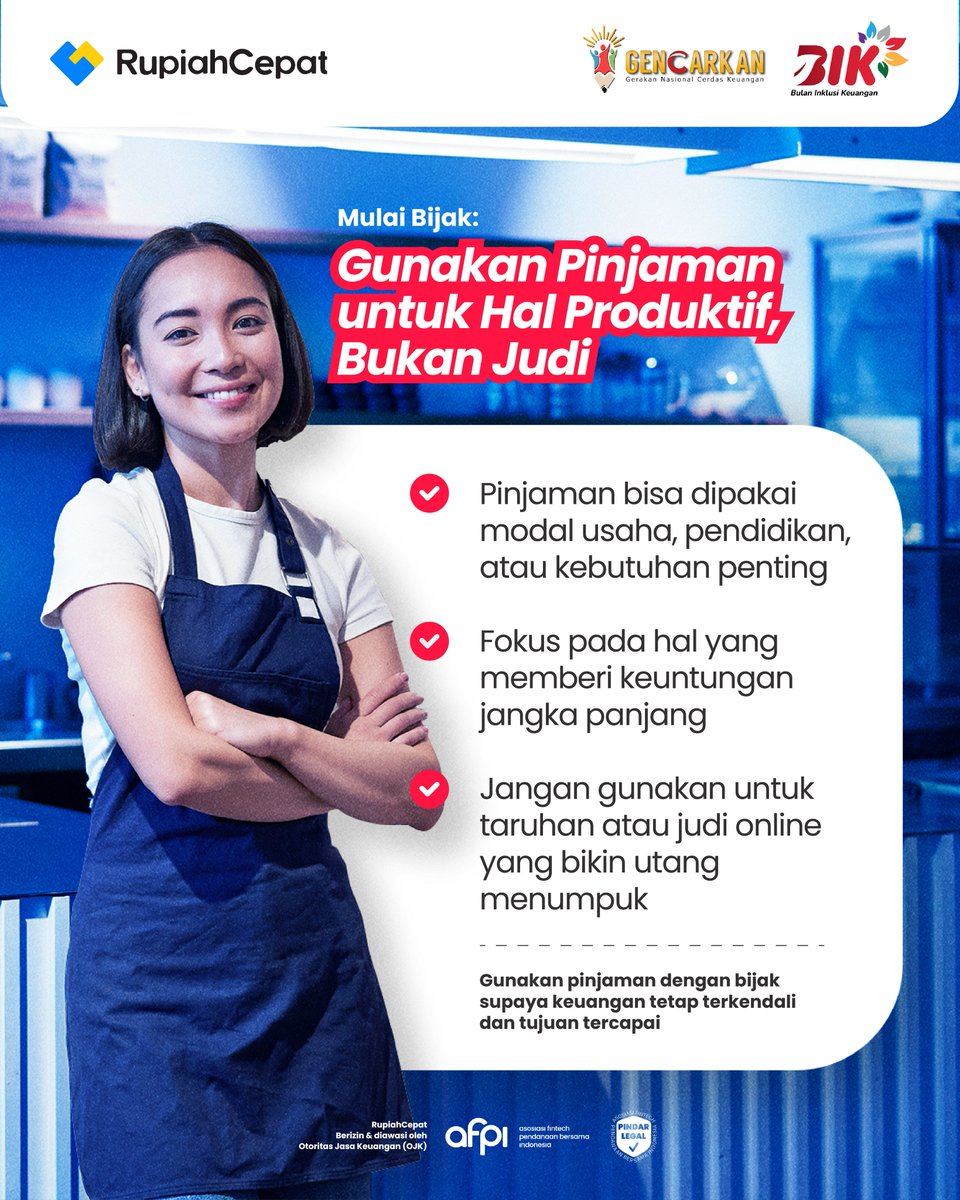Pinjaman bisa jadi langkah awal buat wujudkan impianmu! Gunakan untuk hal yang bermanfaat seperti modal usaha, pendidikan, atau kebutuhan penting bukan untuk taruhan atau judi online yang malah bikin utang menumpuk 😞