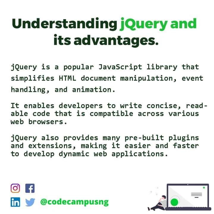 codecampusng's tweet image. Want to learn more programming concepts and tips.?
Follow @codecampusng now
Understanding jQuery and its advantages
Begin your journey as a Developer today. Send us a message today
#programming #javascript #js #framework #internet #communication #technology #tech #programmers