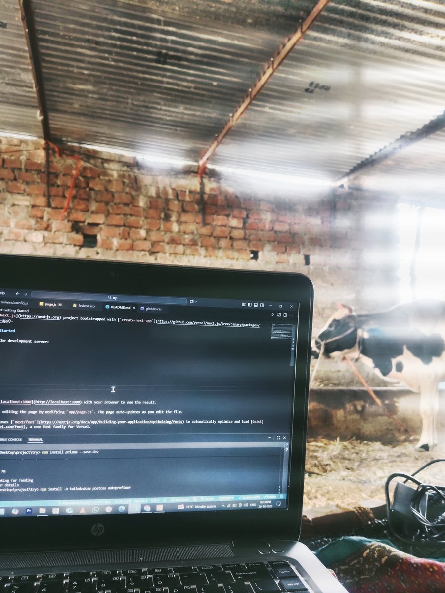 DnyandeoShekade's tweet image. Coding with cows 🐄💻
While others work in AC offices, I’m debugging in a cowshed — powered by pure desi motivation 💪😂
#CodeEverywhere #RuralDev #Nextjs