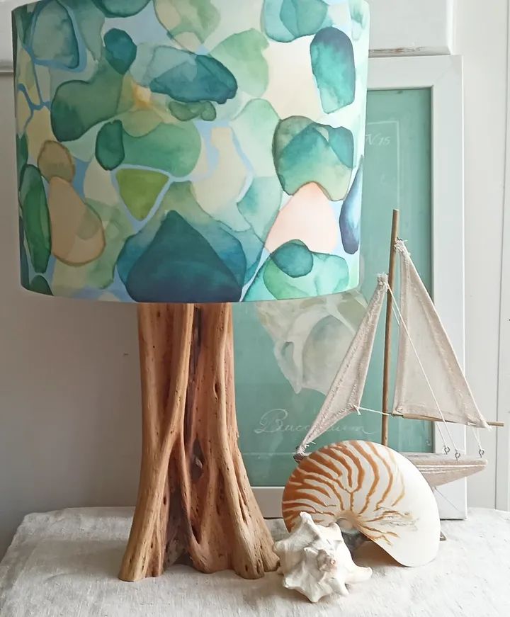 JanDickersArt's tweet image. Coastal #teatree lamp with a #seaglass  print #lampshade, available on the #GoldCoast #qld made by us.