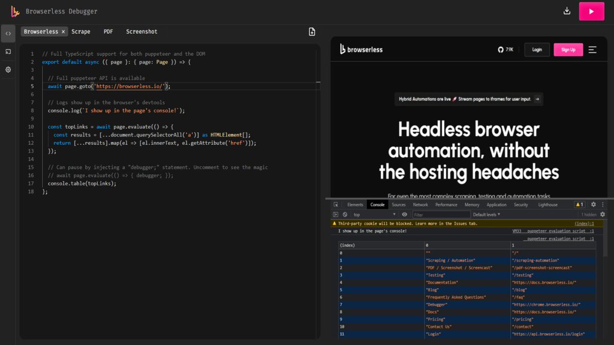 在服务器上部署无头浏览器做自动化任务时，经常遇到缺字体、缺库文件等问题，而且配置起来还挺麻烦的。

Browserless 这个开源项目把这些问题都解决了，让我们能轻松在 Docker 中运行无头浏览器。

提供开箱即用的浏览器环境，内置了字体、emoji 和常用库，支持 Puppeteer 和 Playwright 无缝对接。