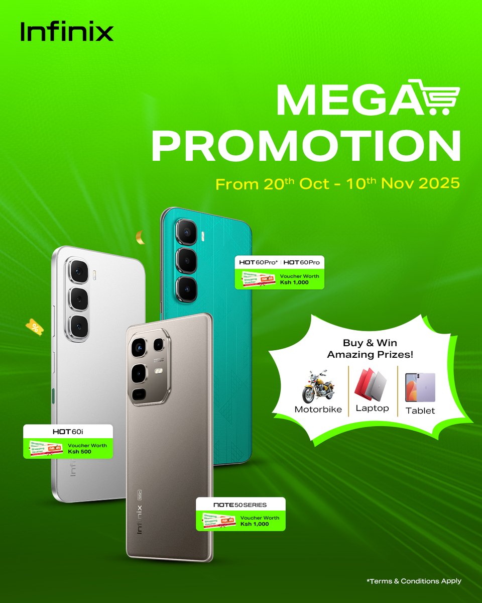 The #InfinixMEGAPromotion is here! 🚨

From 20th Oct – 10th Nov 2025, grab Infinix HOT 60i, Infinix HOT 60 Pro+, or NOTE 50 Series and walk away with Naivas shopping vouchers worth up to Ksh. 1,000! 🎁

Don’t miss out, Shop now via hk-paas.transsion.com/mkt-campaign-h…