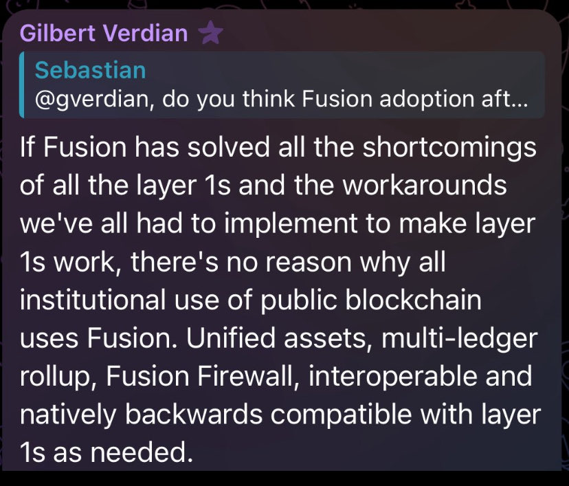 Remember this post from <a href="/GregLuntX/">Greg Lunt</a>?

Well last night Gilbert Verdian appeared in the community telegram group…

- He sees a likelihood that all institutions using public blockchain will use Fusion

- Institutions can’t wait to start using Fusion

- Staking model for node