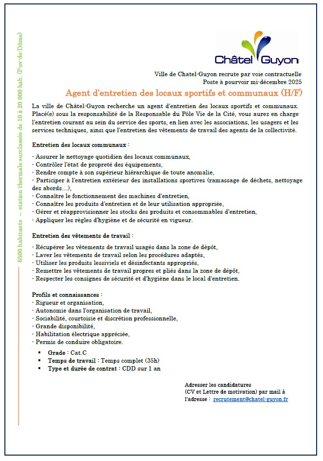 #recrutement #offredemploi
La Ville de Châtel-Guyon recrute un agent d'entretien des locaux sportifs et communaux.
Pour candidater 👉 recrutement@chatel-guyon.fr
Pour consulter les offres d'emploi : chatel-guyon.fr/votre-mairie/v…