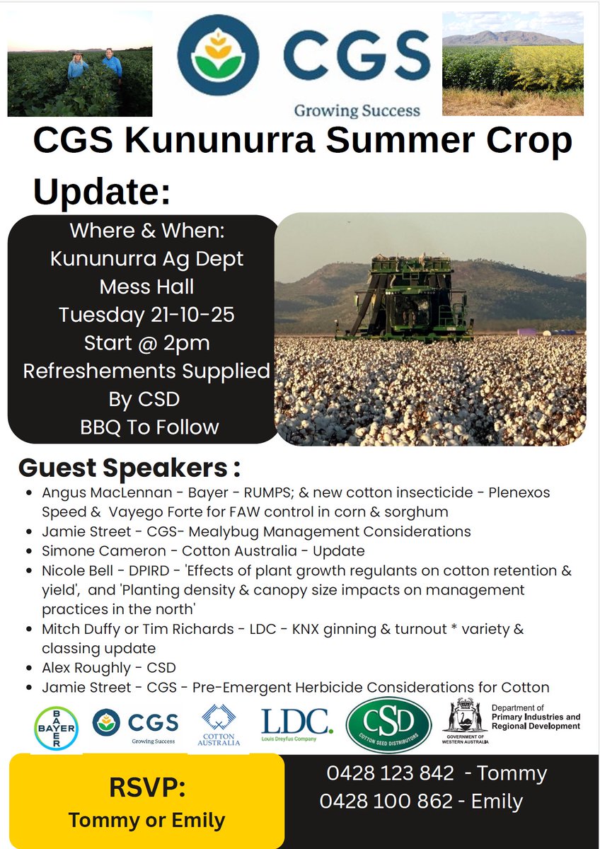 Attention all Northern Growers 📣
CGS Kununurra are hosting their summer crop update on the 21/10/25. RSVP to Tommy or Emily if you would like to attend

Hope to see you there 😊