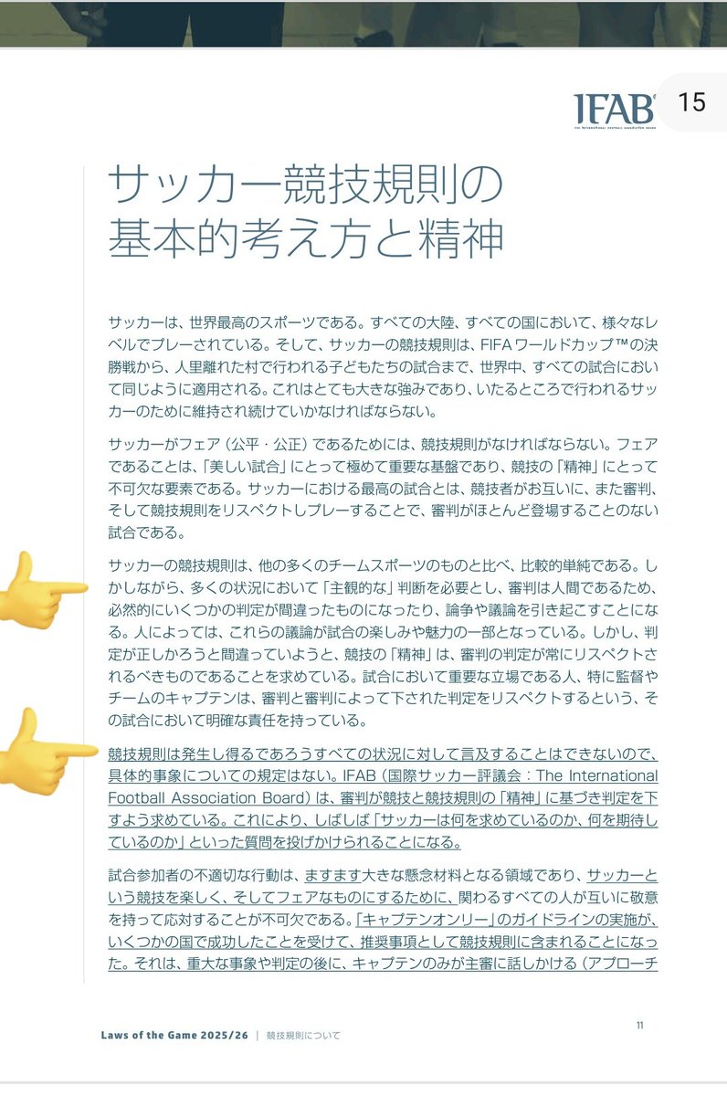 競技規則の冒頭に何が書いてあるか
「主観的な判断を必要とする」「競技規則は発生し得るであろうすべての状況に対して言及することはできない」
しっかりとしたルールは存在していないし審判によって意見が違うのがサッカー
これが受け入れられないならサッカーを受け入れられないということ