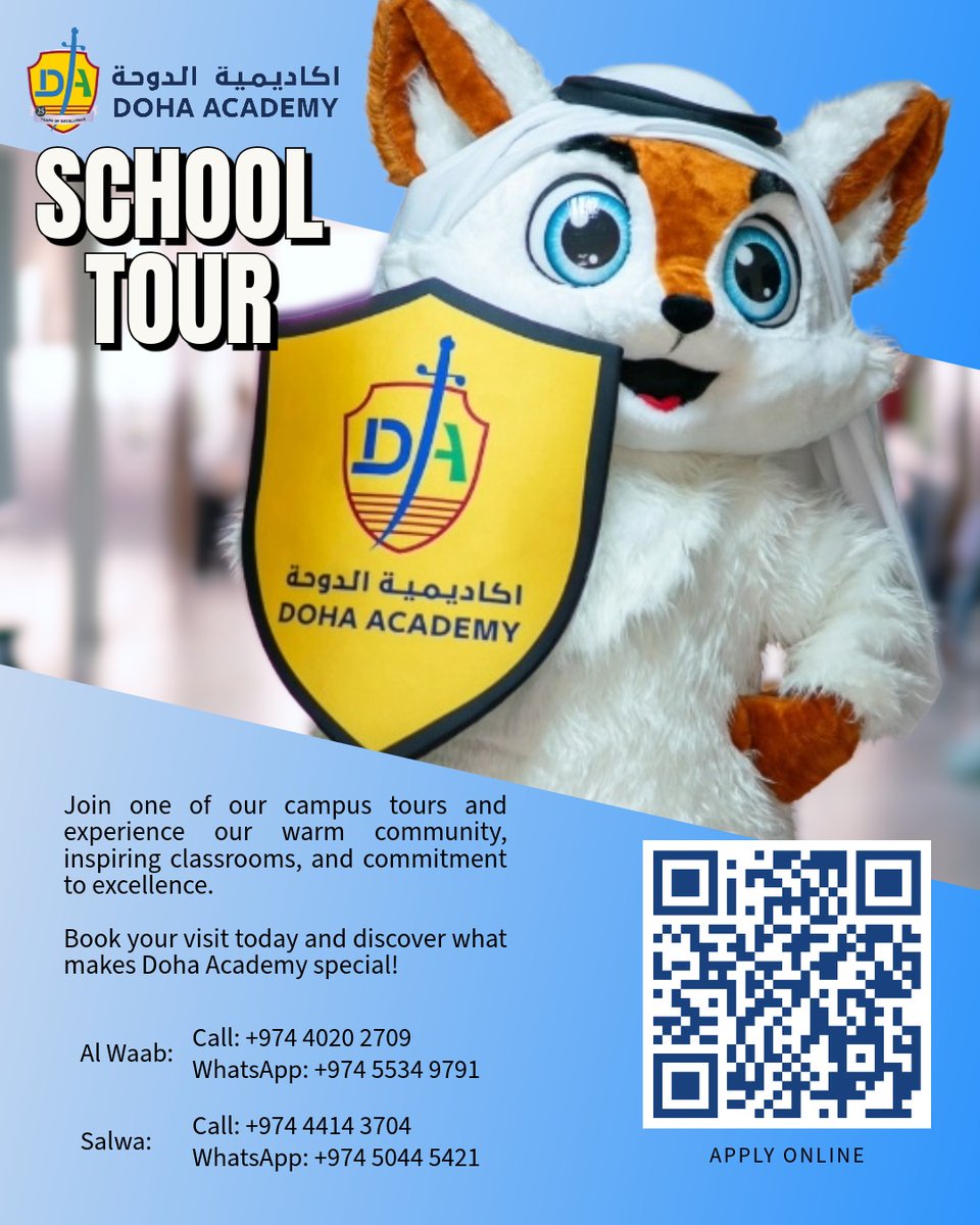 Discover Doha Academy!
Join our School Tour to:
Al Waab &amp; Salwa
Call or WhatsApp us
Scan the QR to apply online!
#DohaAcademy #SchoolTour #QatarSchools