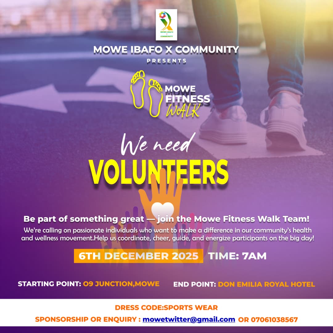 MoweTwitta's tweet photo. What if i told you Mowe is about to shut down for 1 day ___ not for a concert, not rally but for the biggest FITNESS WALK the city has ever seen!

Tag your business, friends, colleagues

Be there or spend the rest of December wondering what you have missed.

#MoweFitnessWalk https://t.co/FUJAIuavAF