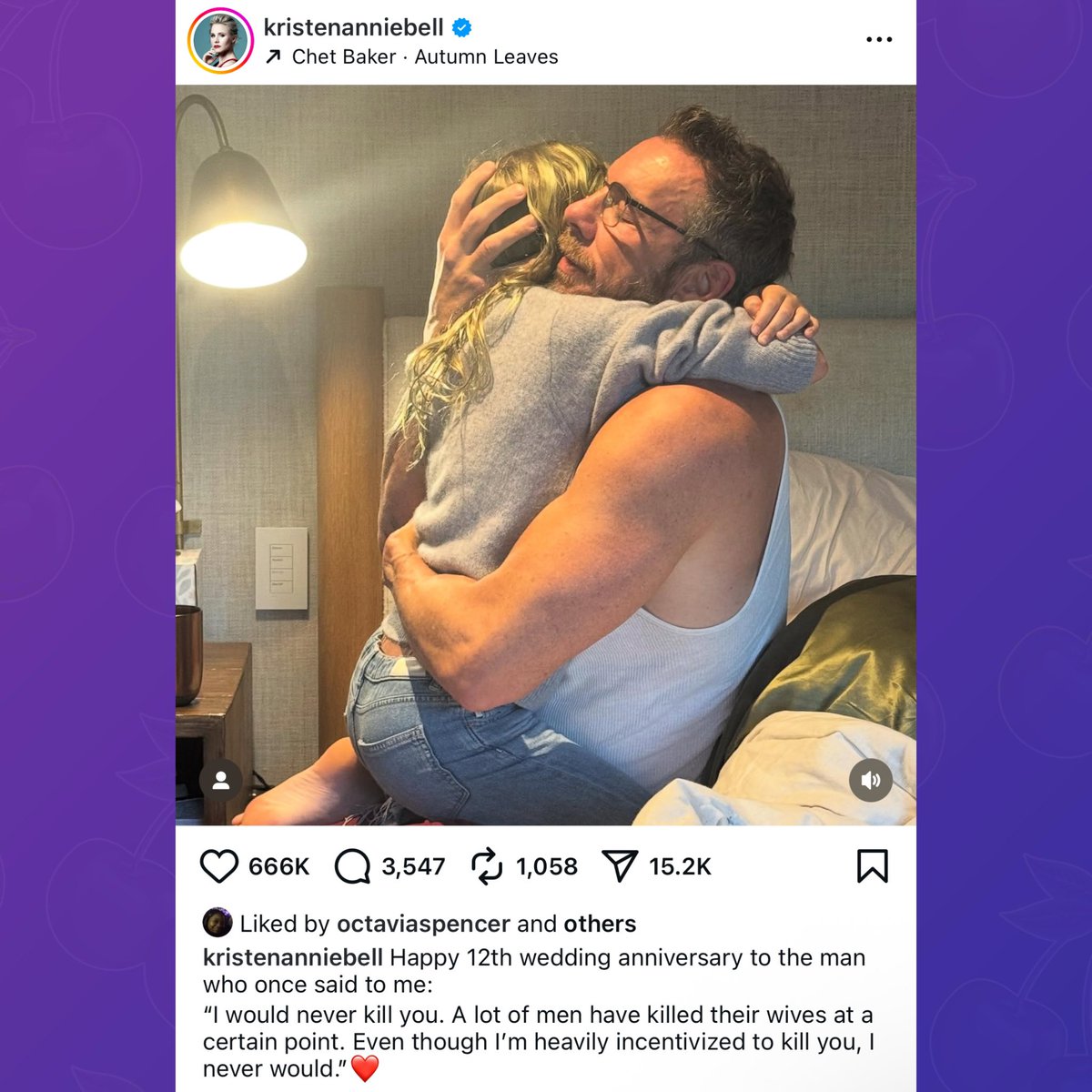 PopBase's tweet image. Kristen Bell has limited her Instagram comments following criticism from her anniversary post to Dax Shepard:

“Happy 12th wedding anniversary to the man who once said to me:
“I would never kill you. A lot of men have killed their wives at a certain point. Even though I&apos;m heavily…