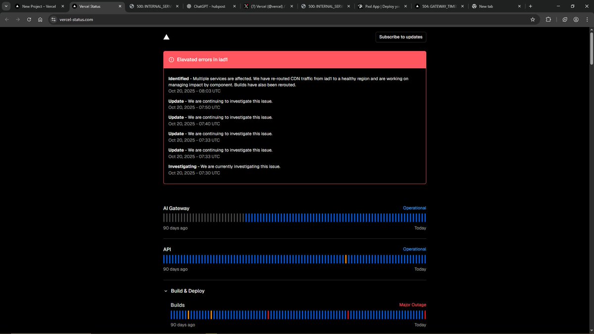 codewithpdev's tweet image. Is anyone else experiencing this?
It seems like @vercel_status servers are having issues this morning — most project (new and old) associated with backend are returning 500 errors, even the dashboard is down. The status page also reports elevated errors.
@vercel_support 🥹🙏