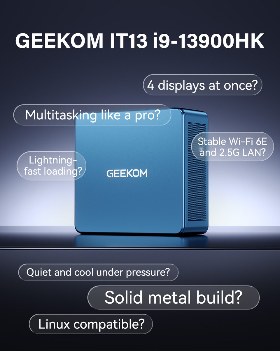 geekompc's tweet image. Ask GEEKOM IT13 2025 Edition a question — it only answers &quot;YES.&quot;
That’s what 13th Gen Intel Core i9-13900HK power looks like. 💪

🔥 18% OFF — code: GEEKOM22
🔗geekompc.com/geekom-mini-it…
----
#GEEKOM #MiniPC #tech #computer #yesican #TechDeals #edit #Metal #multitasking