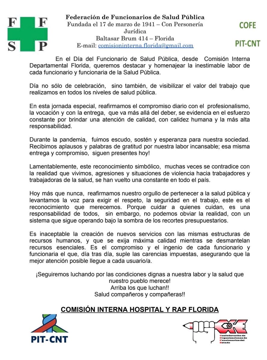 Comunicado de la Comisión Interna Departamental del Hospital de Florida sobre el día del Funcionario de la Salud Pública.