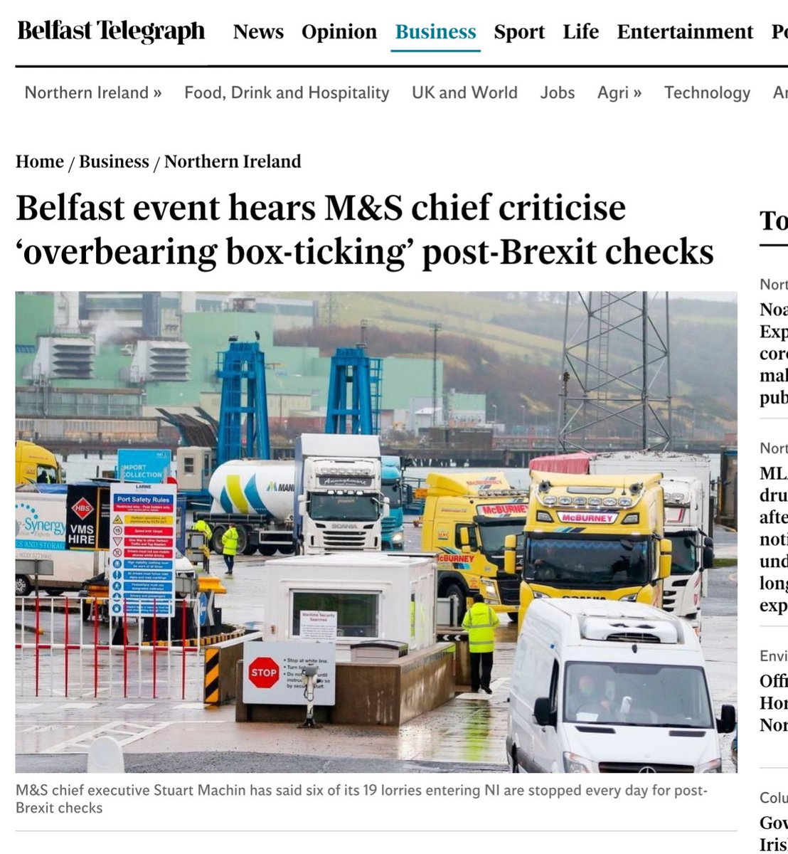 🆘 🛟 Brexit is a disaster even for big business!

<a href="/marksandspencer/">M&S</a> boss Stuart Machin says six out of 19 lorries from GB to NI are stopped daily for post-Brexit checks: each one carrying up to 650 pages of paperwork.

Taking back control translates as wasting time, money and