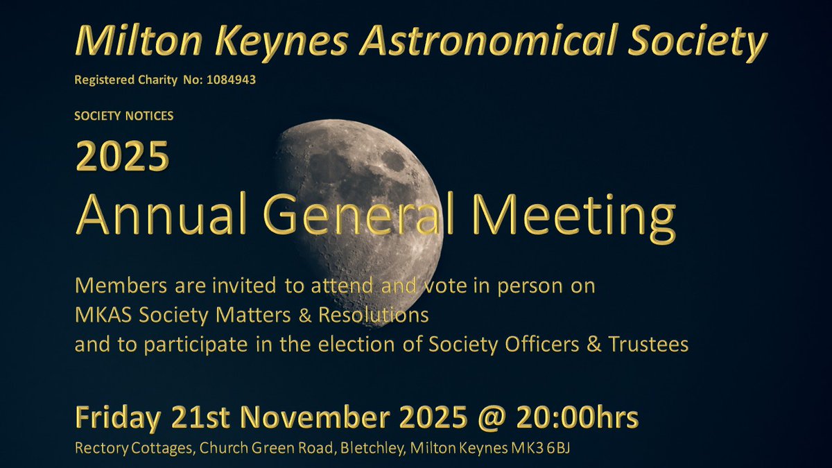 Nominations for Chair, Treasurer, Secretary &amp; Vice-Chair remain open! 🗳️
Forms will be available again at this Friday’s Richard Lambert Memorial Lecture with Dr Julian Onions.
Details 👉 mkas.org.uk/mkas-programme
Nominations close Fri 7 Nov at the end of the Astrodome meeting.