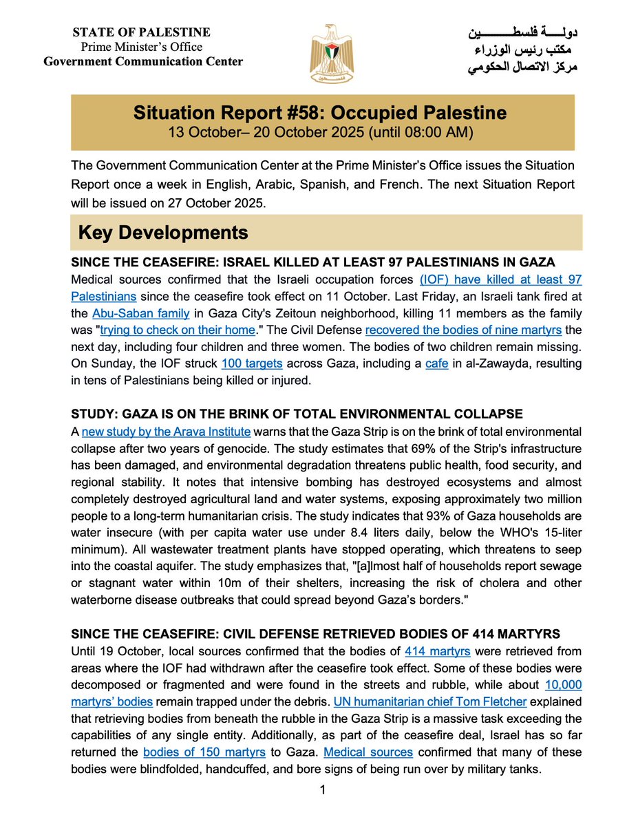 pal_gcc_en's tweet image. Government Communication Center issues Situation Report #58 | Occupied Palestine (13 – 20 October 2025).
🌐 𝗗𝗼𝘄𝗻𝗹𝗼𝗮𝗱 𝗵𝗲𝗿𝗲: pmo.pna.ps/en/Article/591…