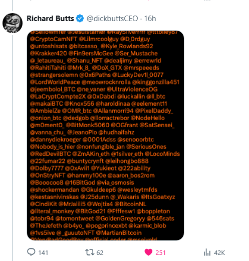Gregory aye🧪 (@goldengregoryy) on Twitter photo Super proud and happy to be around one of 209 ordinals enjoyers and believers of the btc ecosystem thanks to <a href="/dickbuttsCEO/">Richard Butts</a> and <a href="/M1LZ7/">MILZ 🧙🏽♂️🥑🍆🍟</a> who made the art and another mark in history of the bitcoin immutable art ! Super proud and happy to be around one of 209 ordinals enjoyers and believers of the btc ecosystem thanks to <a href="/dickbuttsCEO/">Richard Butts</a> and <a href="/M1LZ7/">MILZ 🧙🏽♂️🥑🍆🍟</a> who made the art and another mark in history of the bitcoin immutable art !