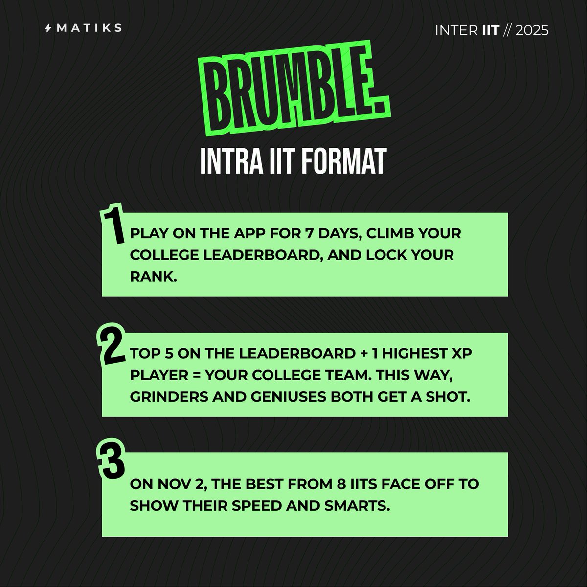 matiks_play's tweet photo. It all begins with the Intra IIT round!

Play on Matiks, climb the leaderboard, and earn your spot for Inter IIT 🏆 https://t.co/ANeP8CrAP1
