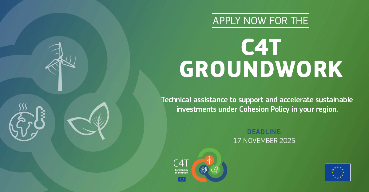 Apply for C4T GROUNDWORK-technical assistance for #CohesionPolicy investments!
Support is available for EU authorities to implement projects on energy, water, climate adaptation, circular economy &amp; more.
📅 Deadline: 17 Nov
ℹ️ Info session: 27 Oct, 15:00
🔗ec.europa.eu/eusurvey/runne…