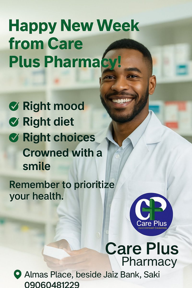 Multi_Dex's tweet image. 🌞 Happy New Week from Care Plus Pharmacy! 🌿
It’s a brand-new week — let’s start it right!
✨ Right mood
🥗 Right diet
💊 Right choices
😊 Crowned with a beautiful smile!

Remember, prioritizing your health is the best way to make every week count.