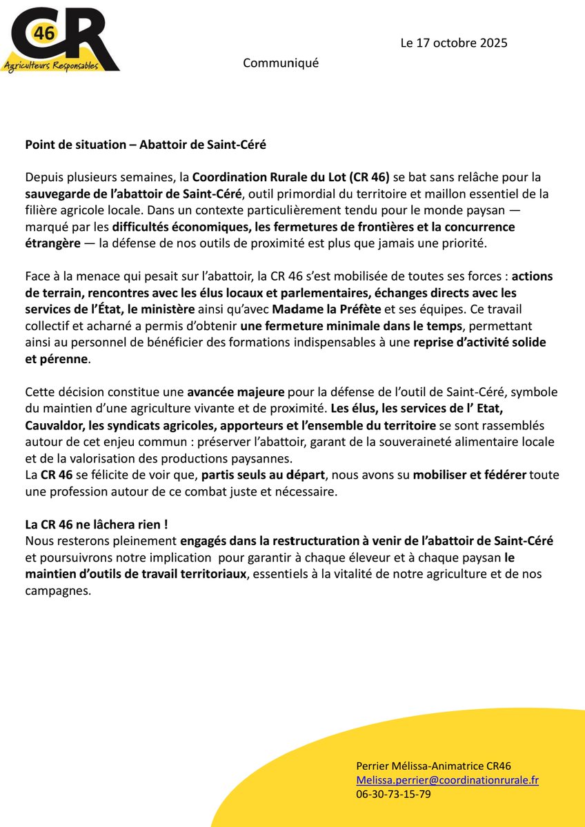 coordinationrur's tweet image. 🟡 VICTOIRE DE LA Coordination Rurale du #Lot : l’abattoir de Saint-Céré a désormais un vrai projet d’avenir ! Une belle avancée pour faire vivre nos territoires ruraux, soutenir nos éleveurs et renforcer notre souveraineté alimentaire 💪
Toutes les actualités de la #CR46 :