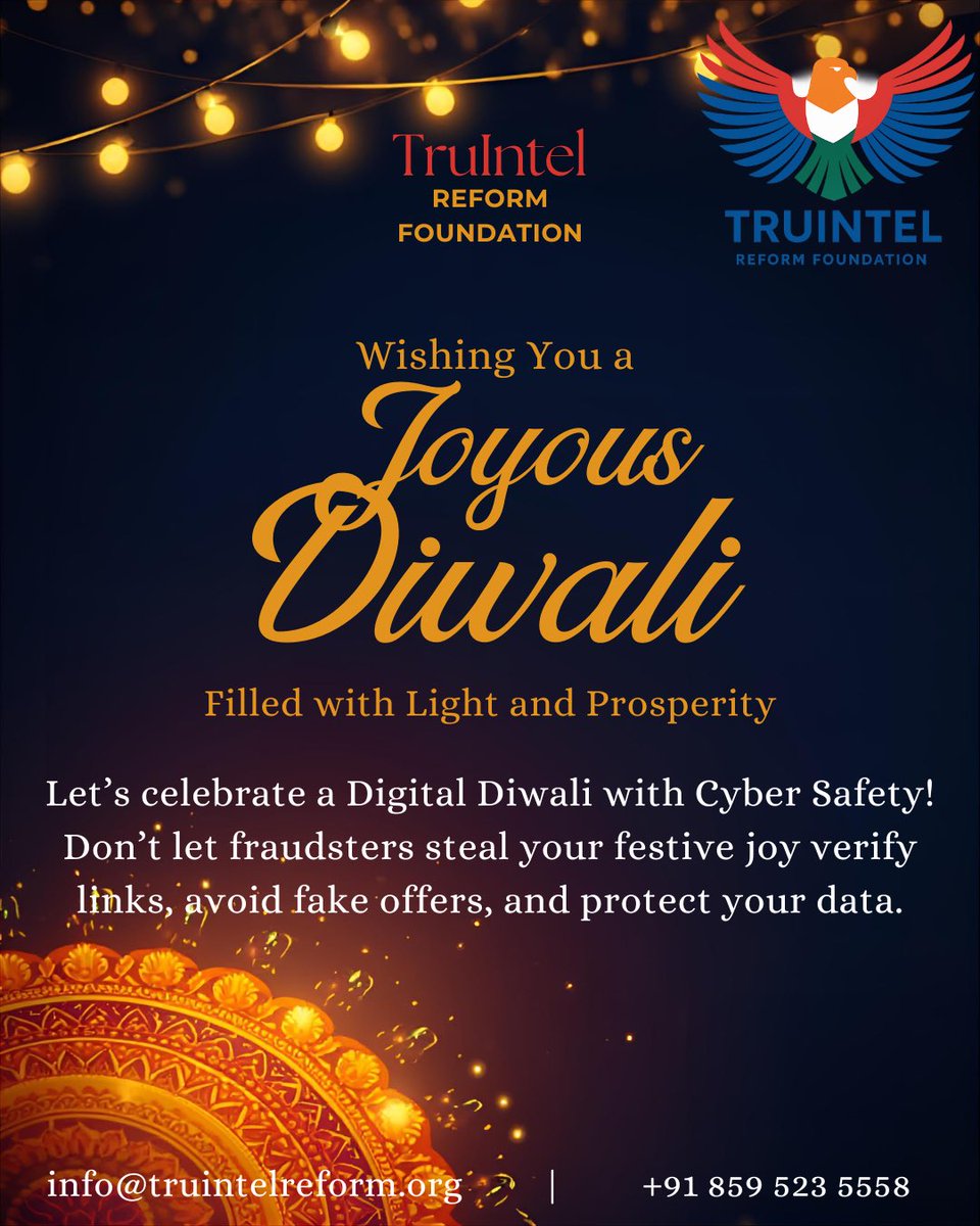 TruIntel_Reform's tweet image. Awareness is the brightest light you can share this Diwali!
Stay safe. Stay aware. Stay empowered.
✨ #HappyDiwali 
#TruIntelReformFoundation #AwarenessIsPower #DigitalSafety #DiwaliVibes
