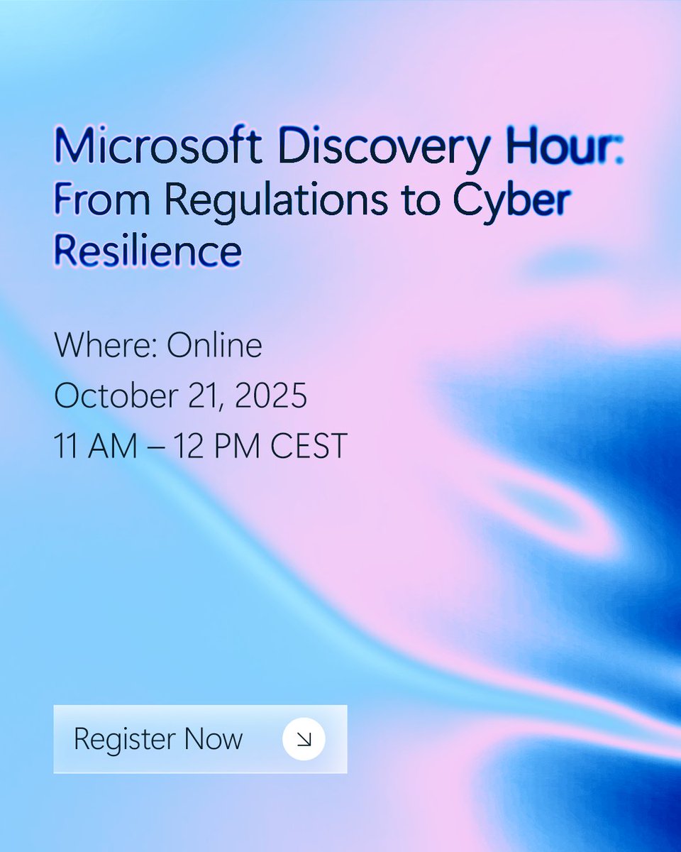 Microsoft Österreich (@microsoftat) on Twitter photo 💪 Join us at our new Microsoft Discovery Hour and learn how the evolving cybersecurity landscape is forcing the application of new regulations – and how our solutions can help you navigate it in a secure, resilient way.
Register now: msft.it/6015s7GXh
See you there! 💪 Join us at our new Microsoft Discovery Hour and learn how the evolving cybersecurity landscape is forcing the application of new regulations – and how our solutions can help you navigate it in a secure, resilient way.
Register now: msft.it/6015s7GXh
See you there!