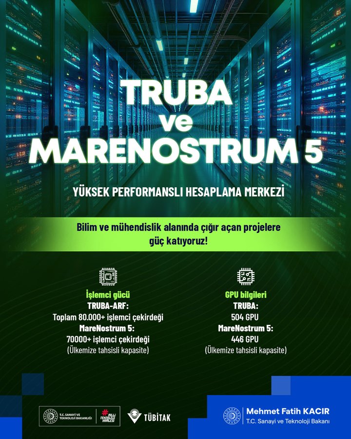 Infographic displays TRUBA and MareNostrum 5 high performance computing center with Turkish flag elements server rack icons and technical specifications including over 80000 processor cores 504 GPUs 14 petabytes storage for TRUBA-ARF and 70000 cores 446 GPUs for MareNostrum 5 alongside TÜBİTAK logo and minister name Mehmet Fatih KACIR.