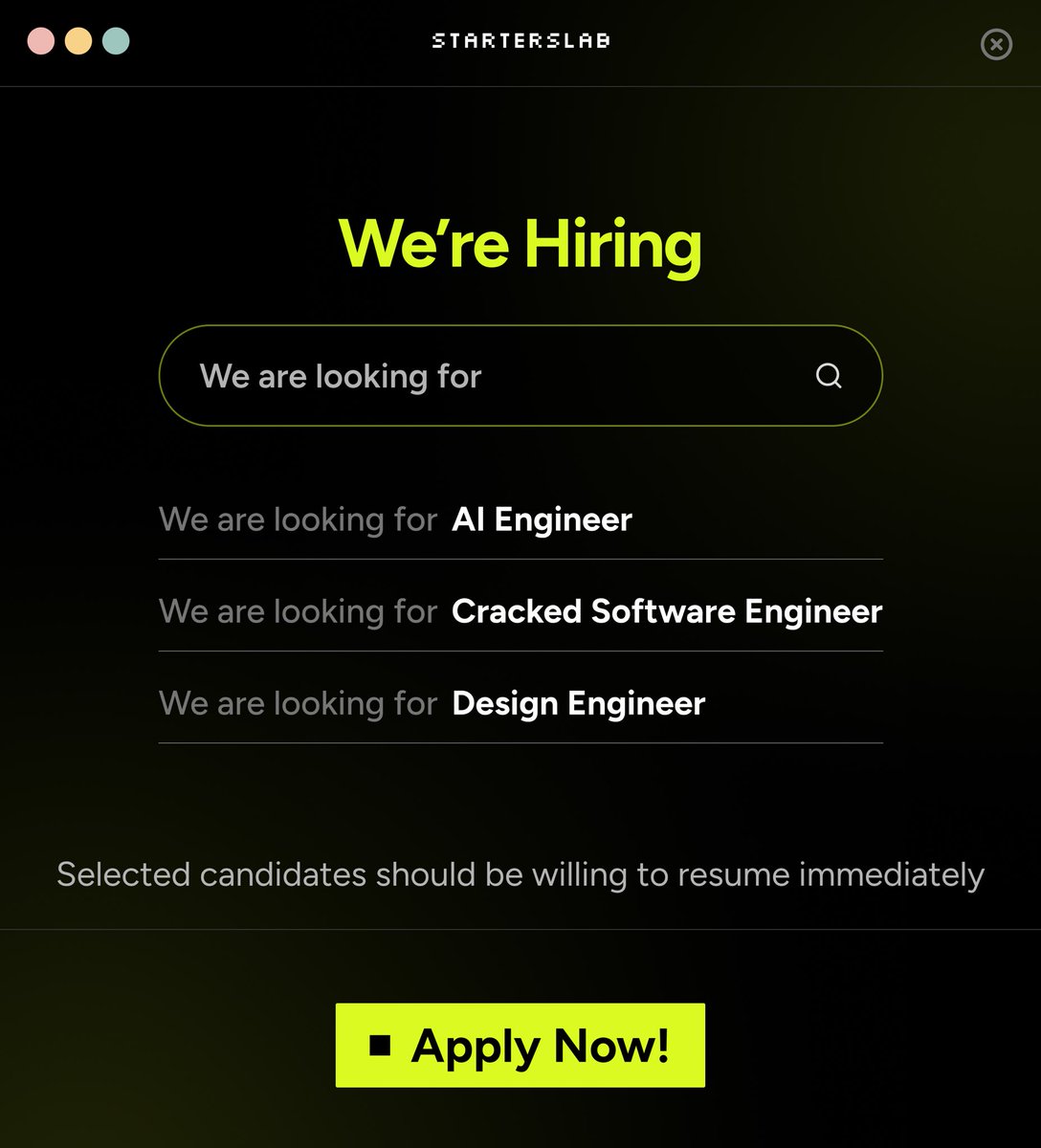 kabcoder's tweet image. I’m hiring,
A few months ago I started Starterslab, after almost a year of not actively building.
And it’s been crazy ever since, with demand surging I need exceptional builders to work with me.
So I’m hiring for this roles
Cracked software dev,
AI engineers
Design engineer…