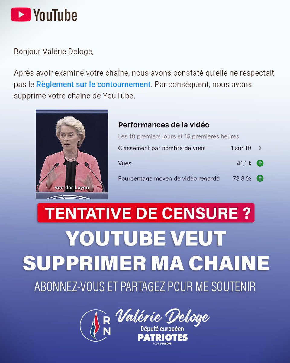 🚨▶️ALERTE : YOUTUBE VEUT ME CENSURER !

Ma vidéo sur le Mercosurgate (40 000 vues) dérange ! Je dénonce le manque de transparence de Macron et von der Leyen. 

Abonnez-vous et partagez pour me soutenir !
youtube.com/@ValerieDeloge…
