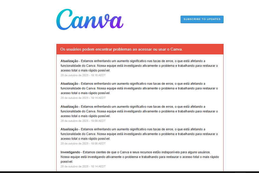 TcemWork's tweet photo. URGENTE! Mercado pago e Canva e mais serviços ficam fora do ar nesta manhã de segunda-feira - 20 /10/2025 https://t.co/BOhr7GPREw