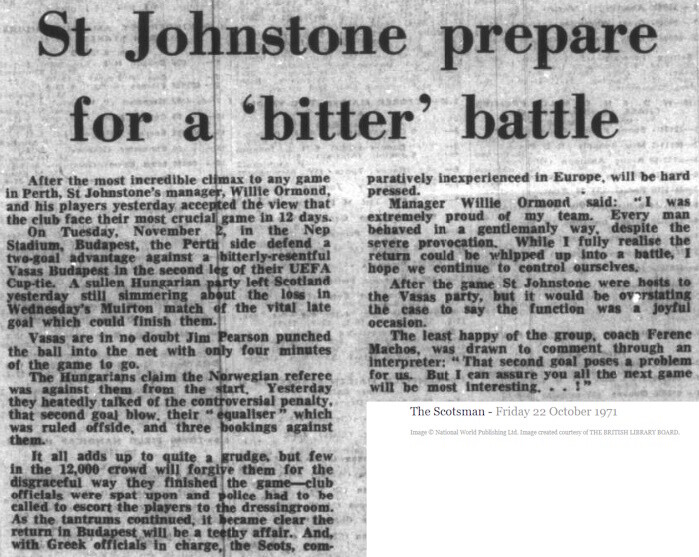 1971 | St Johnstone win the 1st leg of their 2nd round UEFA cup tie against Vasas of Budapest with goals from John Connolly and Jim Pearson. 12,000 watch the game at Muirton Park.