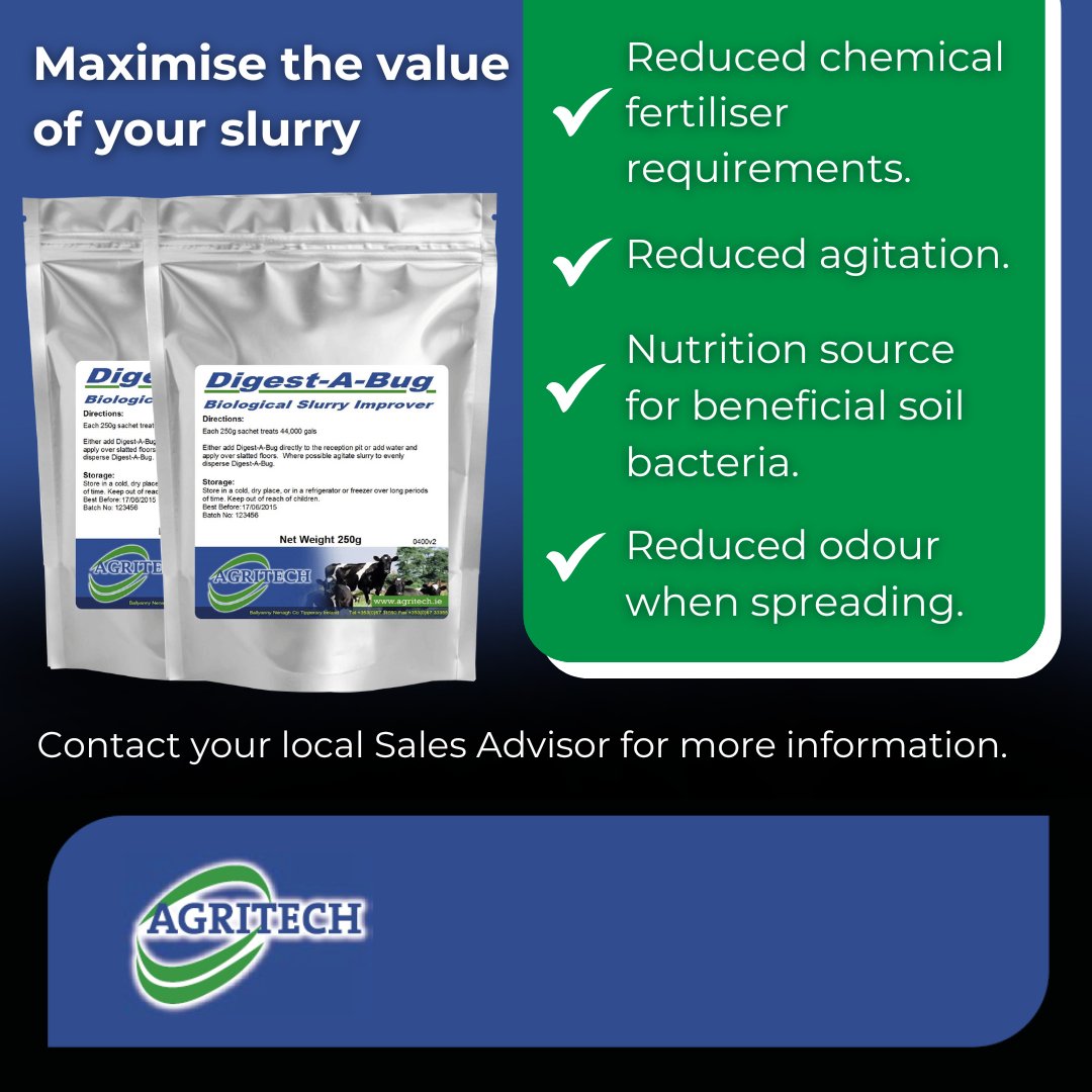 Make the most of your slurry with our Digest-A-Bug slurry additive. 🚜🌱

✅Designed to improve fertiliser value of slurry.
✅Reduced handling costs.
✅Reduced agitation required.
✅Excellent return on investment.

📞Contact your local Sales Advisor for more information.