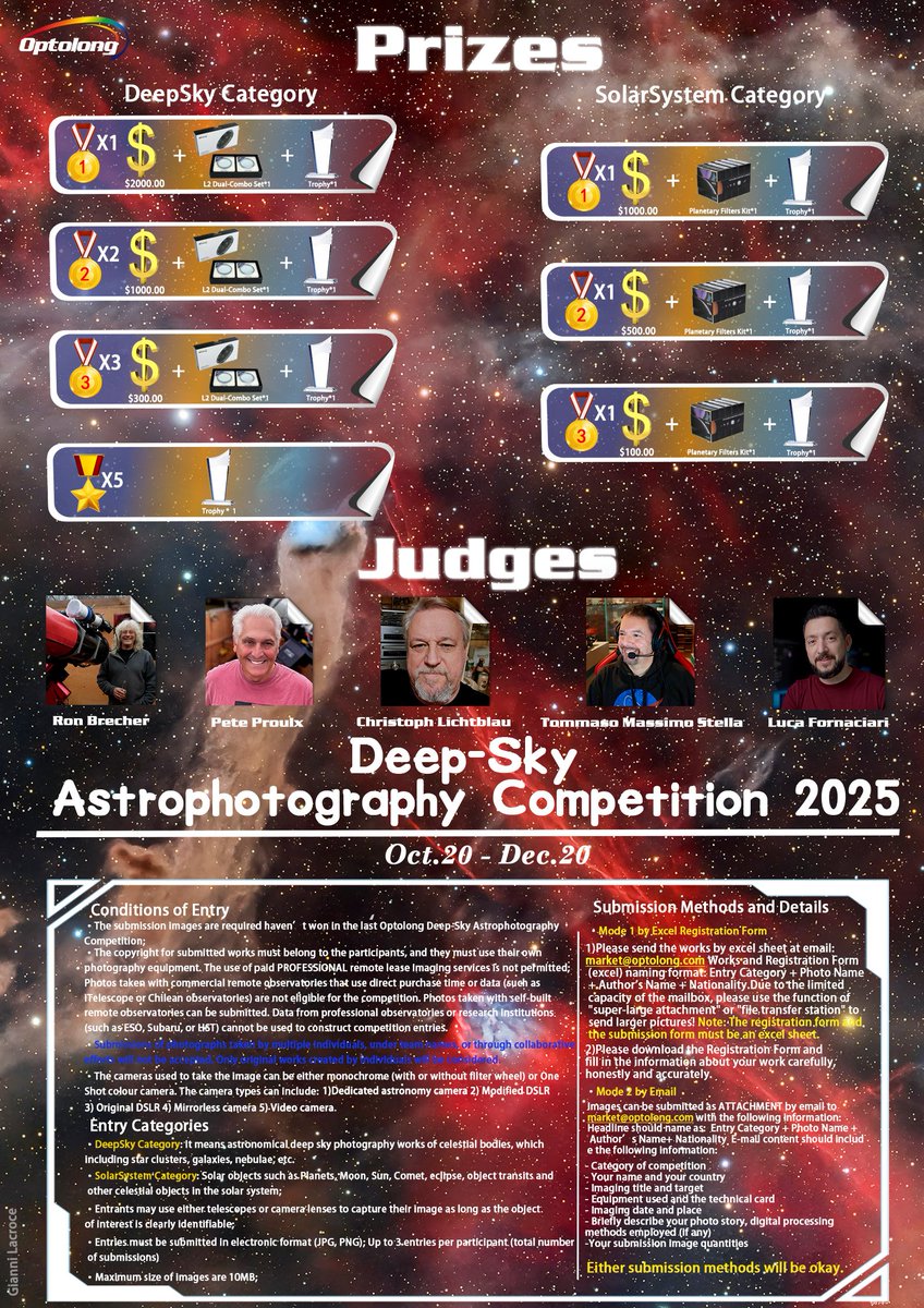 Optolong_filter's tweet image. Capture the Cosmos &amp;amp;Win Cash Prizes!
2025 #Optolong Deep-Sky Astrophotography #Contest is officially here!🌌✨
Grab your telescope,camera,and start capturing the wonders of deep space!
How to enter: optolong.com/cms/document/d…
Don’t miss out-the universe is waiting for your lens!🚀📸