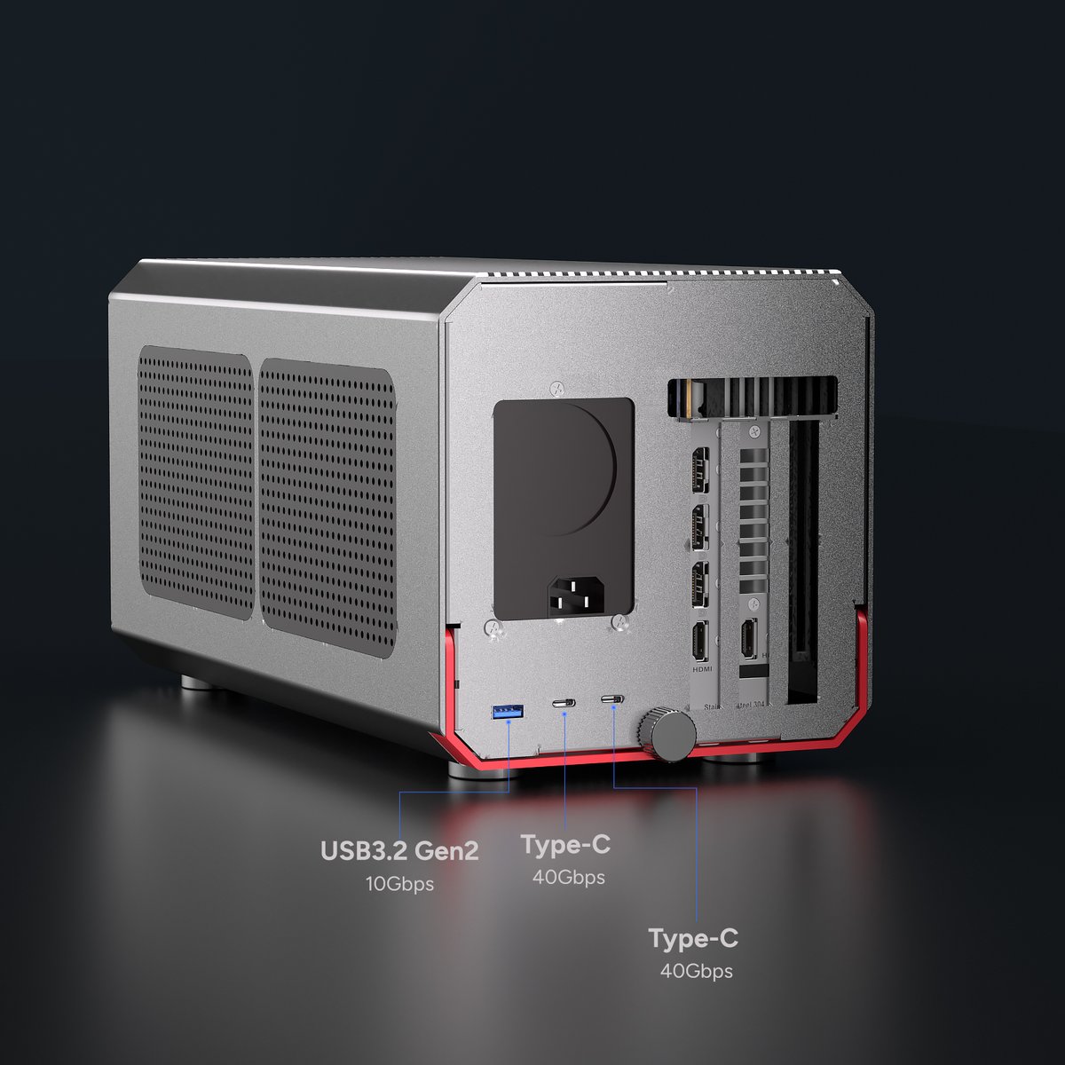 "Gfx Card Dock: Plug-n-play, multi-share, Intel chip, 40Gbps. 1x ext gfx, 1x TB3/4/USB4 (40Gbps), 1x USB3.2. Sup PCIe, boosts gfx for laptops. NV RTX20-50, AMD RX7000-9000, max 400mm. 
Dual TB ports, blind plug. 40Gbps+85W PD charge. Al alloy, scratch-res. Win10/11, macOS12+."