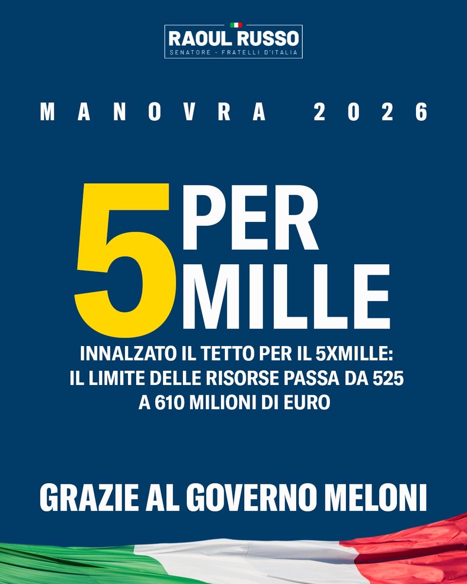 Grazie al Governo Meloni, nella manovra 2026 è stata accolta la proposta di innalzare di 85 milioni di euro il tetto per il 5x1000.
Un risultato che mi ha visto impegnato in prima persona, con la presentazione del mio ordine del giorno poi accolto nel Milleproroghe.