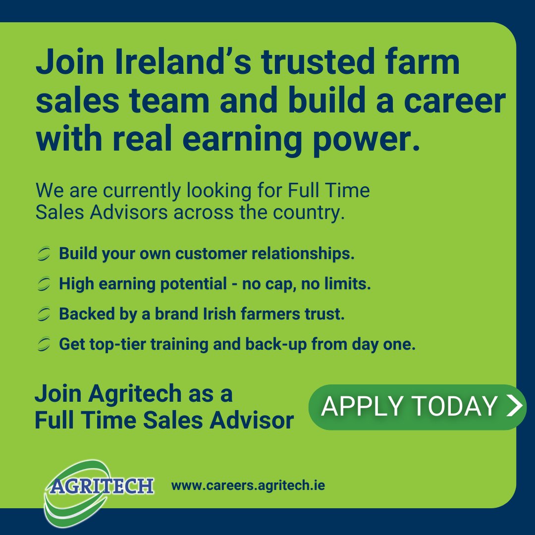 Your ambition, your success and our support.

Join our trusted farm sales team in:
✨East Limerick
✨West Cork
✨South Galway
✨East Galway
✨Waterford

To apply directly, call John Kenny on 087 253 4537 or email careers@agritech.ie

More information 👉 bit.ly/4nOgqdr