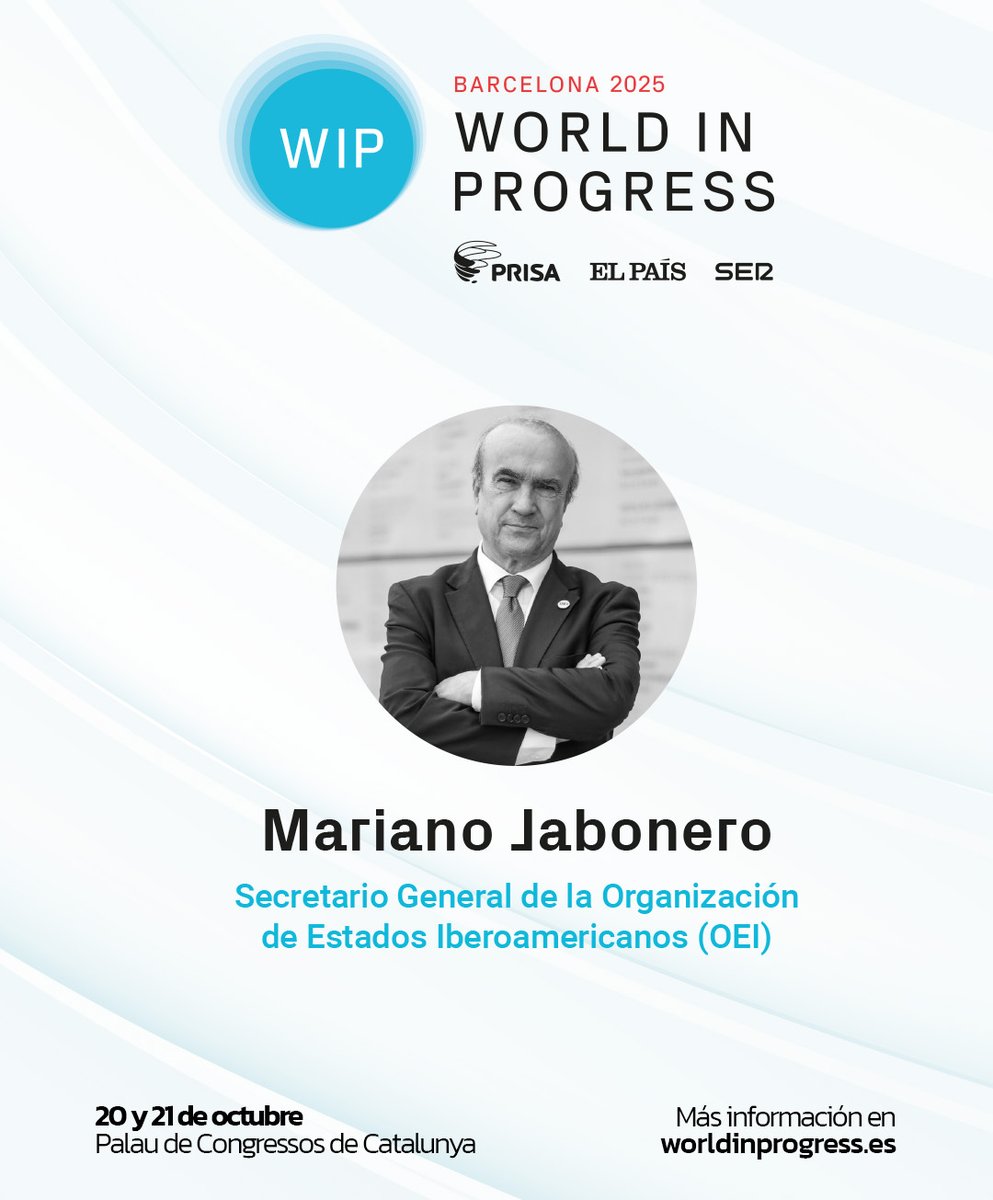 🌍 Hoy comienza en Barcelona el foro <a href="/wip_forum/">World In Progress</a>, un espacio para la reflexión, el conocimiento y el debate sobre los desafíos globales compartidos, organizado por Grupo PRISA, EL PAÍS y Cadena SER.

Nuestro secretario general, <a href="/JaboneroOEI/">Mariano Jabonero</a>, participa a las 17h en un panel sobre