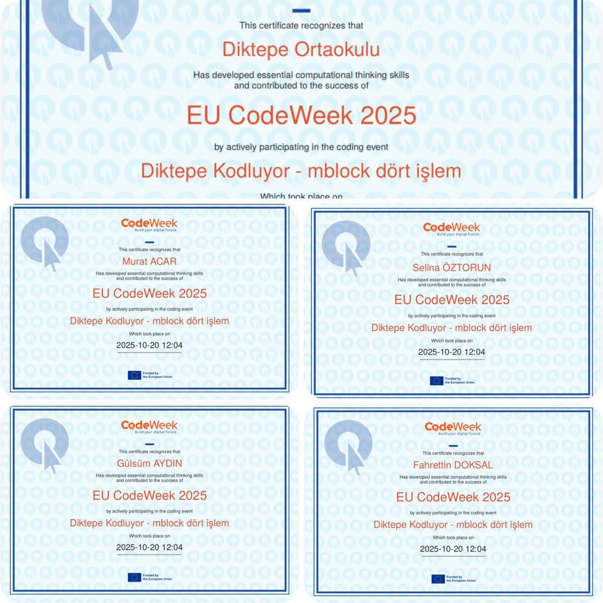Diktepeilkorta's tweet image. Diktepe Kodluyor…
Okulumuzda Codeweek Haftası Etkinlikleri kapsamında mblock programı ile Matematik Alanında dört işlem etkinliği yapıldı.Kodlama etkinliğine destek veren Matematik Öğretmenimiz Selina ÖZTORUN’a ve etkinliğe katılan öğrencilerimize teşekkür ederiz. #codeweek