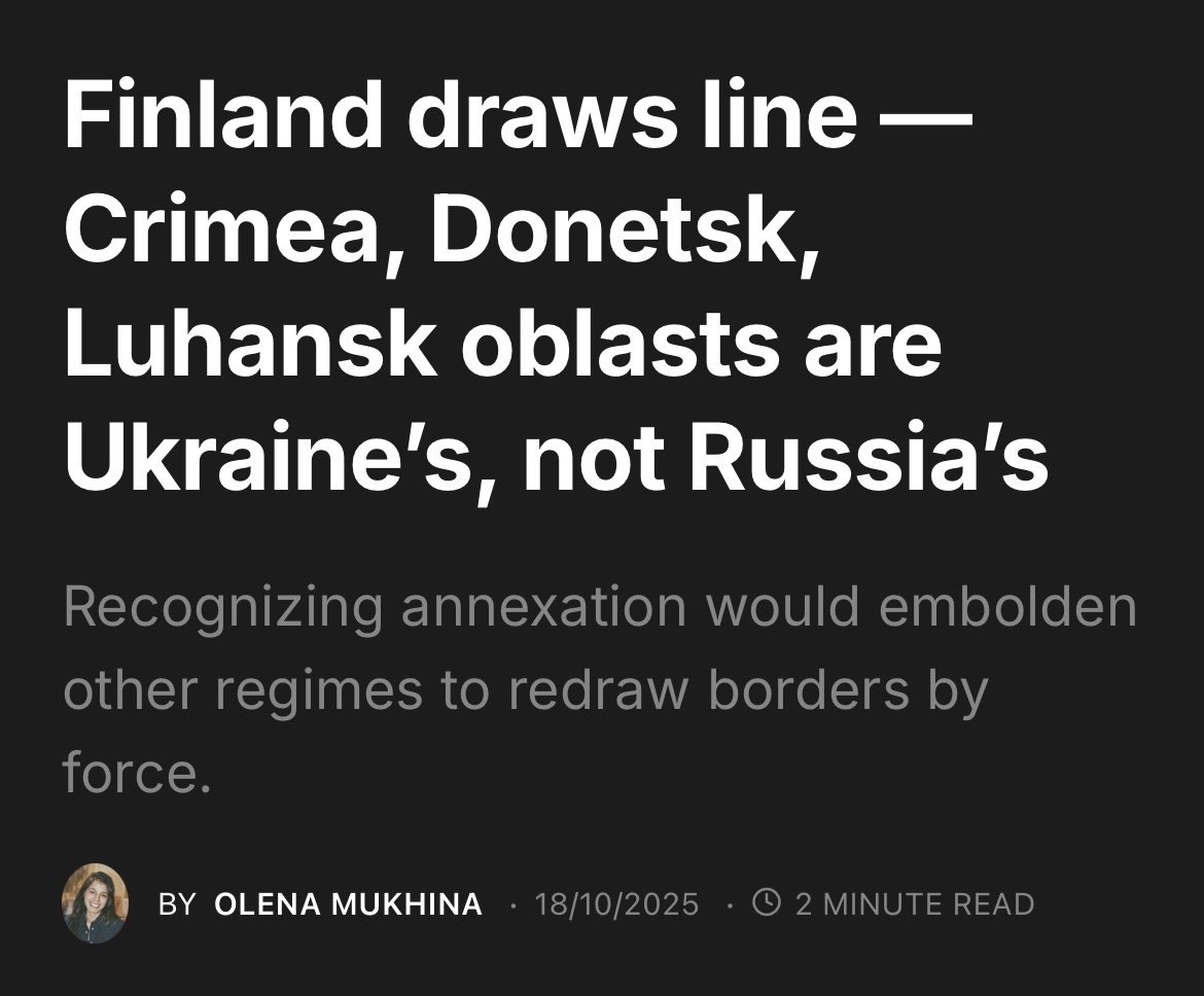 Finnish President Stubb says Finland will never recognize occupied Crimea, Donetsk, or Luhansk as part of Russia, stressing that only Ukrainians can decide their fate.