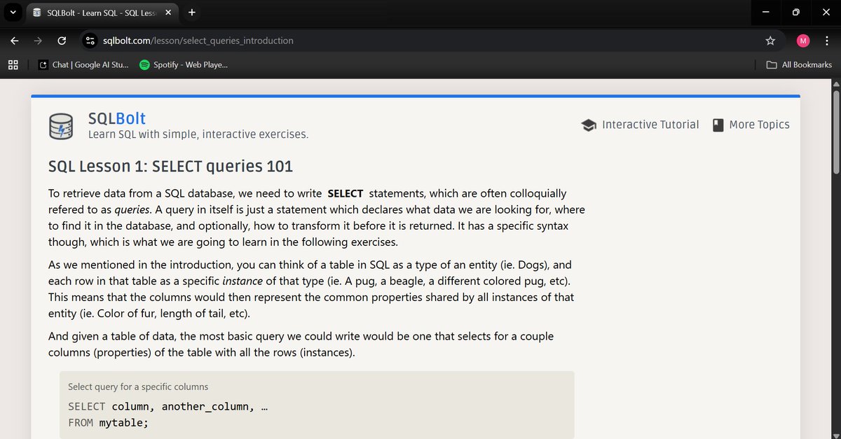 regressionrizz's tweet image. SQL (Structured Query Language):
⤷ SQL vs NoSQL, standards and dialect
⤷ Database Fundamentals - data types, keys and constraints
⤷ DDL, DML, DQL and aggregate Functions
⤷ currently doing exercises on sqlbolt from scratch.