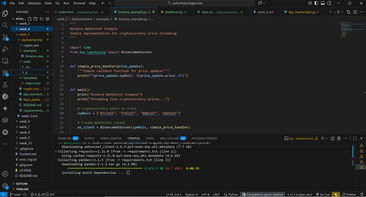 CosmasOnyekwelu's tweet image. 🚀 Day 29/100 #100DaysOfCode 

Built a real-time cryptocurrency price tracker! 

• Live WebSocket connections to @Binance API
• Flask dashboard with auto-refresh
• Error handling &amp;amp; reconnection logic

#Python #WebSockets #Crypto #Flask #RealTimeData #BuildInPublic #Fintech