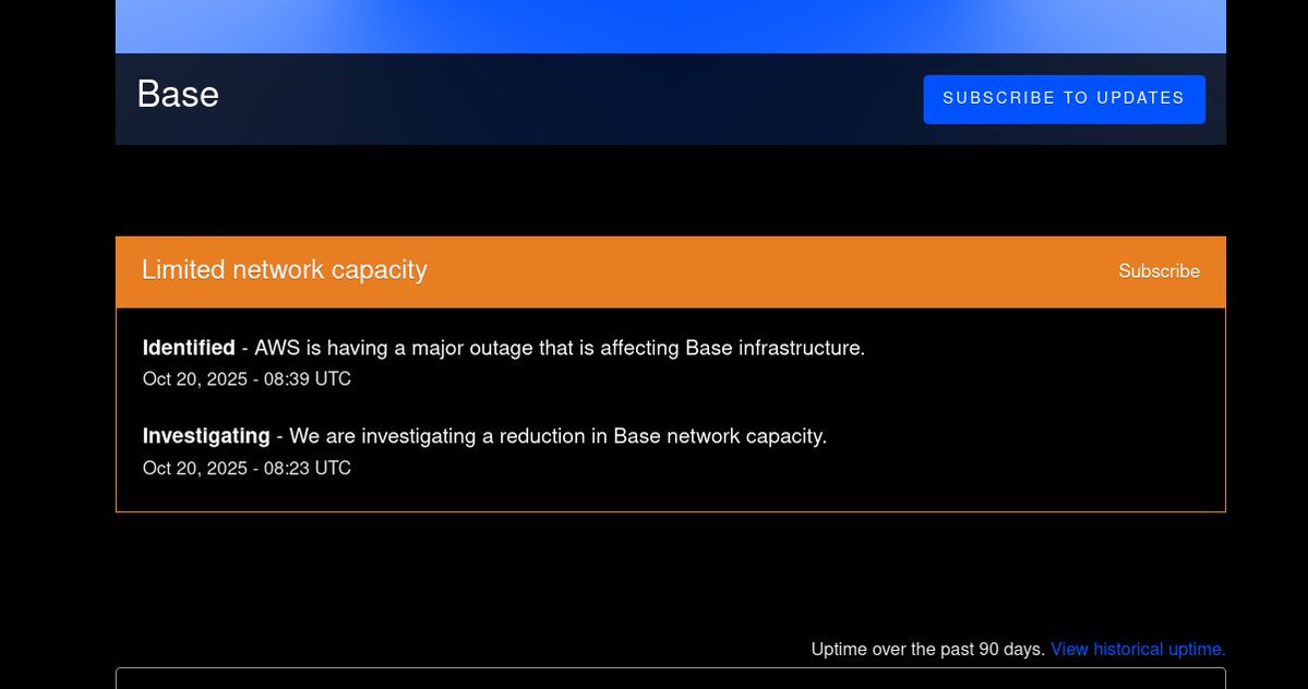 Base network status page showing limited capacity due to AWS outage on October 20, 2025