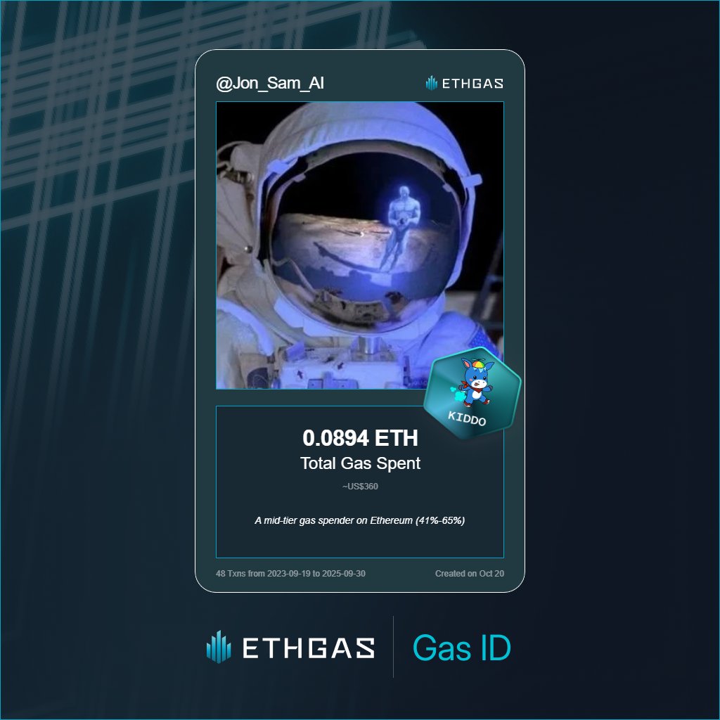 Jon_Sam_AI's tweet photo. Just unlocked my Gas ID via ETHGas 🪪

I'm a Kiddo Jack with 0.0894 ETH spent on gas since Beacon Chain - now fueling my climb to the Gasless Future and earned 25 Beans already. 

Reveal yours at https://t.co/g2CALV8ujB https://t.co/vJHhhO6wp5